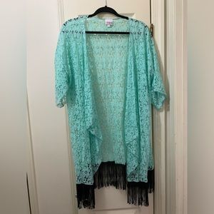 LuLaRoe Monroe Kimono/Coverup L Mint green lace with Black Fringe NWOT